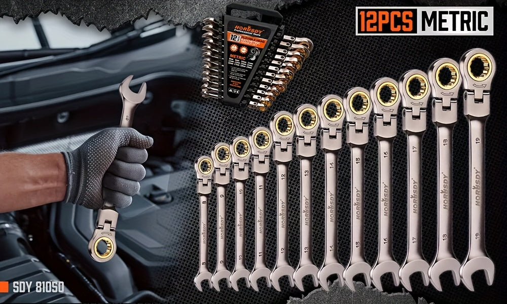12pcs Metric/SAE Flex-Head Ratcheting Spanner Set, Retchet Wrench Spanners | 8-19mm/1/4" to 7/8" | 72-Teeth | Chrome Vanadium Steel