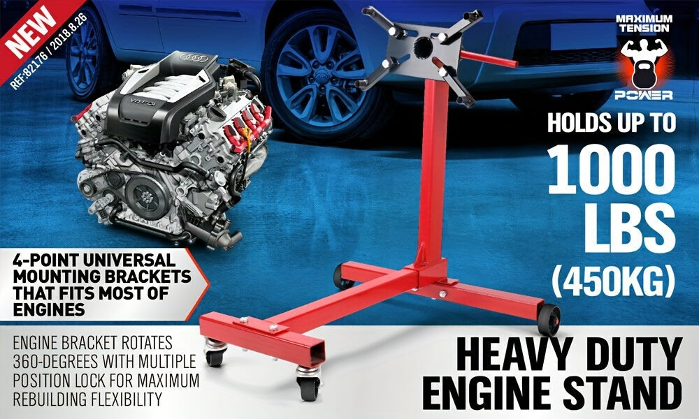 1000 lbs Heavy-Duty Engine Stand - Red Heavy-Gauge Steel, 360° Swivel Mount, Adjustable Height, Holds Up to 450kg