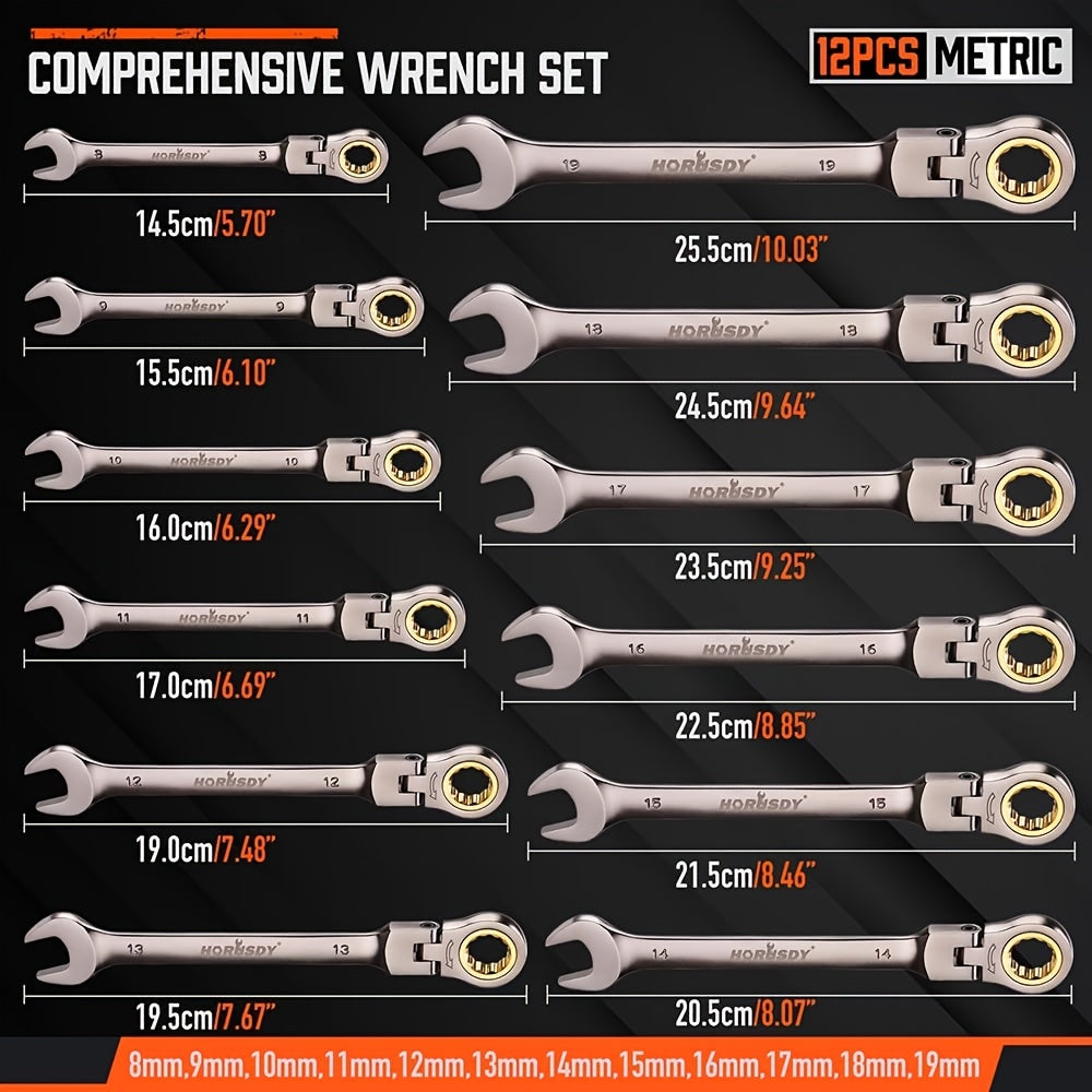 12pcs Metric/SAE Flex-Head Ratcheting Spanner Set, Retchet Wrench Spanners | 8-19mm/1/4" to 7/8" | 72-Teeth | Chrome Vanadium Steel