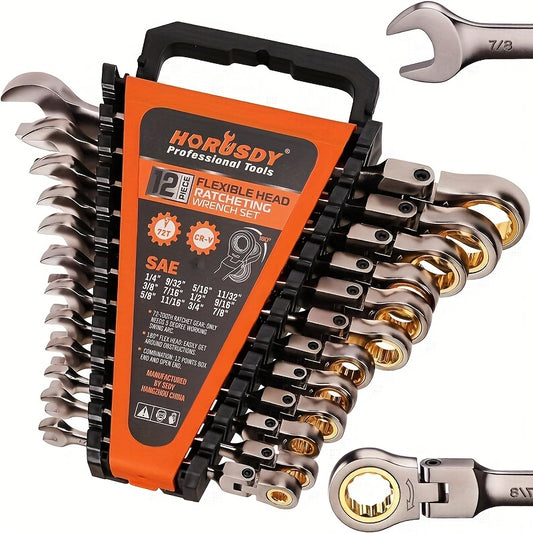 12-Piece Chrome Vanadium Steel Flex-Head Ratcheting Spanner Set, | 1/4" To 7/8" Ratchet Combination Wrenches Set