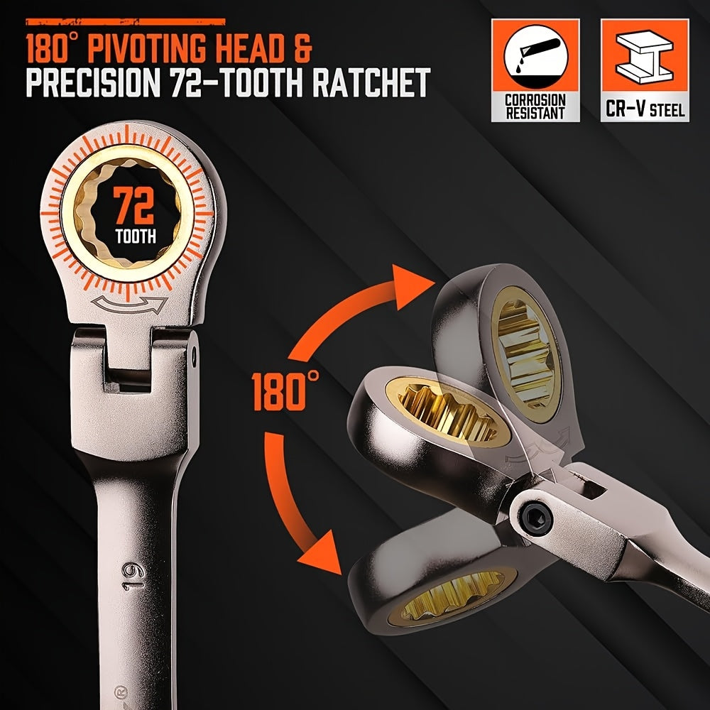 12pcs Metric/SAE Flex-Head Ratcheting Spanner Set, Retchet Wrench Spanners | 8-19mm/1/4" to 7/8" | 72-Teeth | Chrome Vanadium Steel