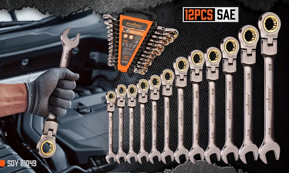 12pcs Metric/SAE Flex-Head Ratcheting Spanner Set, Retchet Wrench Spanners | 8-19mm/1/4" to 7/8" | 72-Teeth | Chrome Vanadium Steel