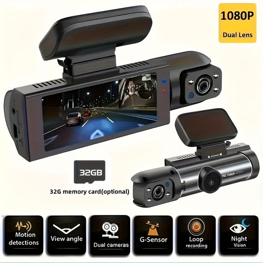 1080P Dual-Camera Car DVR with 3.16" IPS Screen - Front & Interior View, Loop Recording, Wide Angle Lens, Infrared Night Vision, Rechargeable Battery