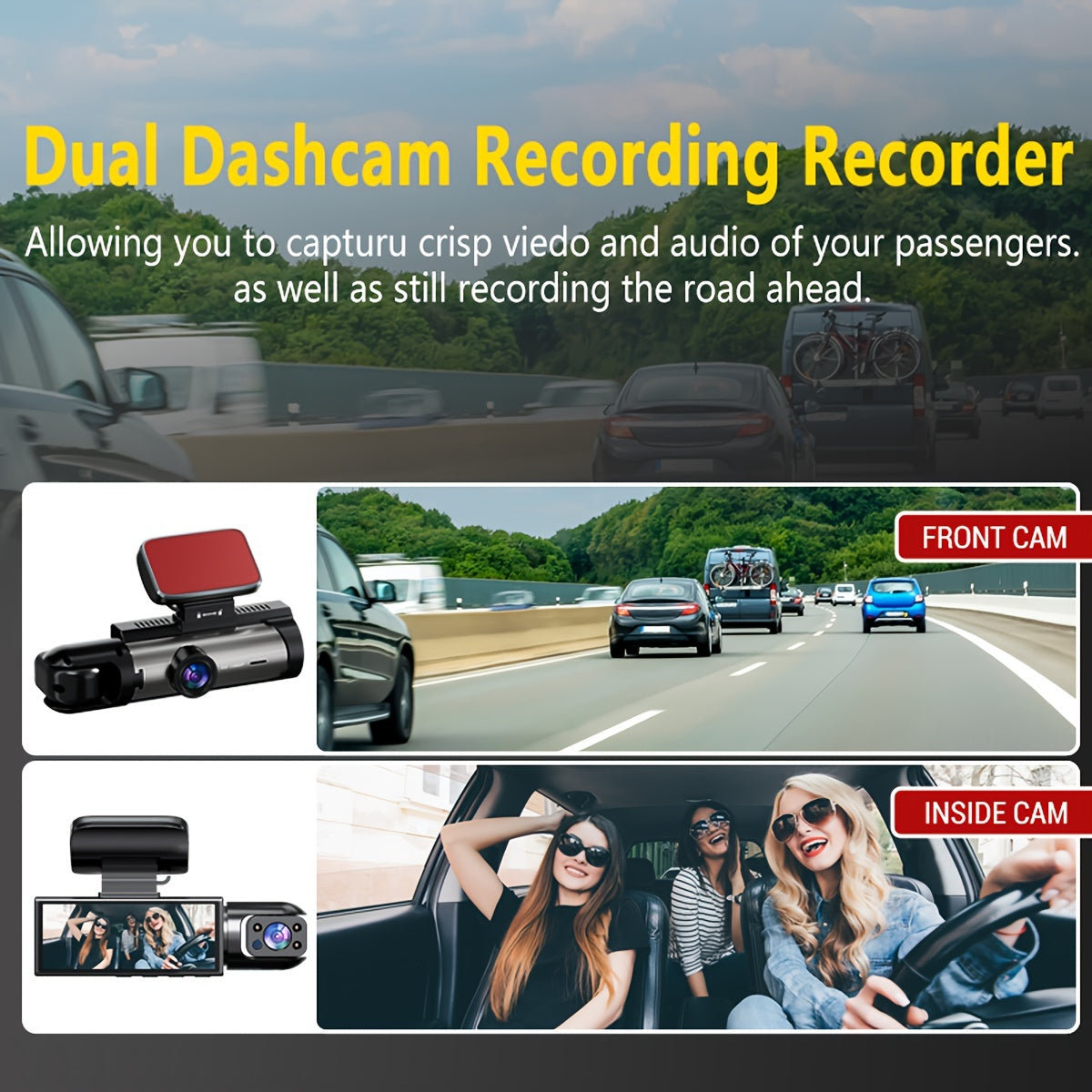3.16 Inch IPS Screen 1080P Dual Camera Dash Cam For Cars With IR Night Vision, Loop Recording, And Wide Angle Lens