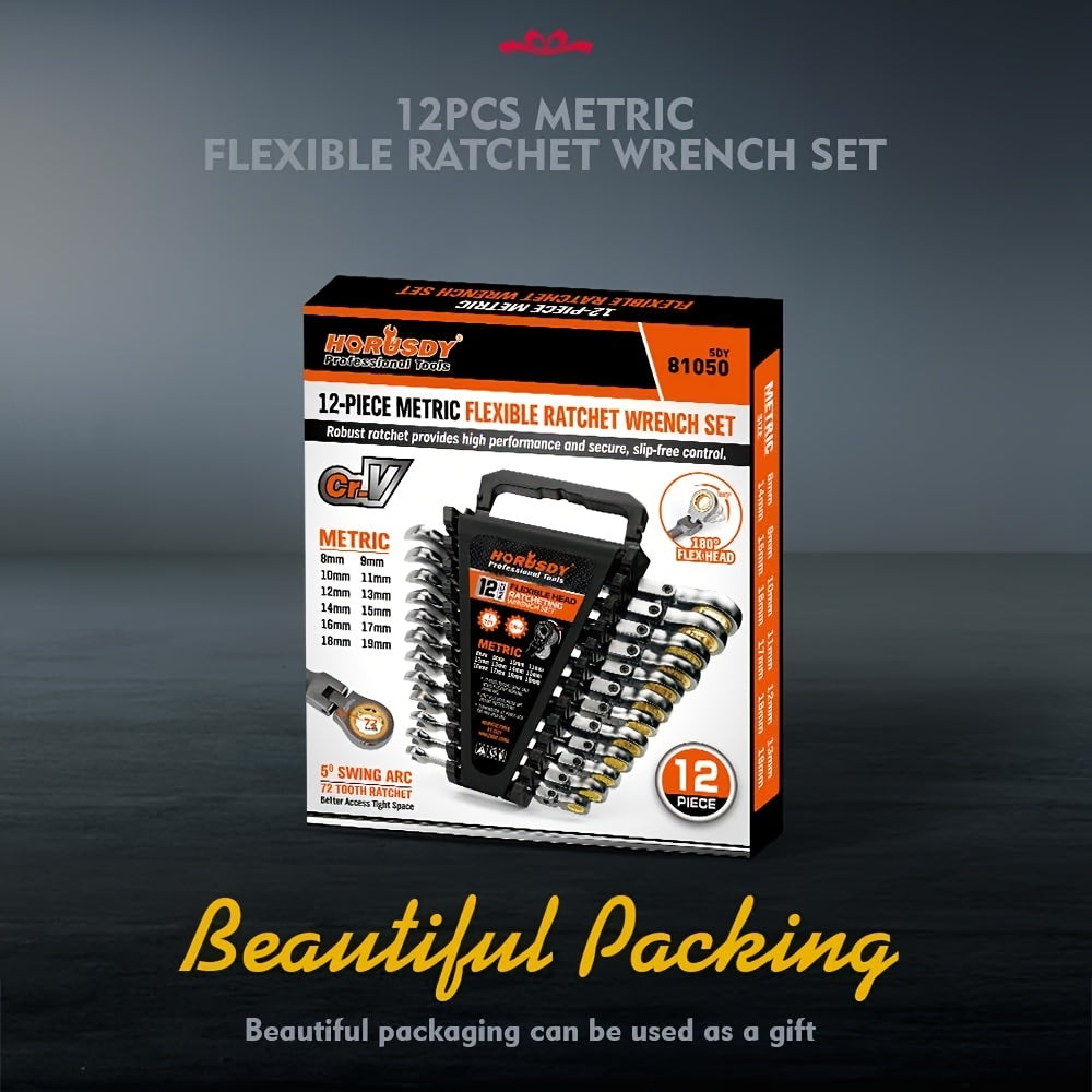 12pcs Metric/SAE Flex-Head Ratcheting Spanner Set, Retchet Wrench Spanners | 8-19mm/1/4" to 7/8" | 72-Teeth | Chrome Vanadium Steel