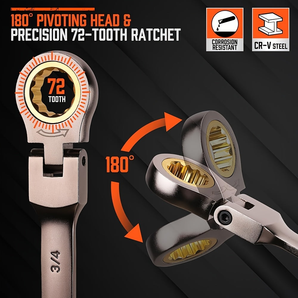 12pcs Metric/SAE Flex-Head Ratcheting Spanner Set, Retchet Wrench Spanners | 8-19mm/1/4" to 7/8" | 72-Teeth | Chrome Vanadium Steel