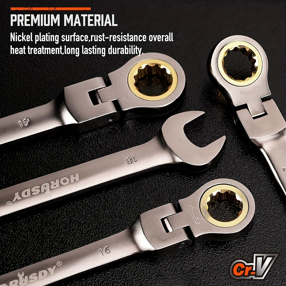 12pcs Metric/SAE Flex-Head Ratcheting Spanner Set, Retchet Wrench Spanners | 8-19mm/1/4" to 7/8" | 72-Teeth | Chrome Vanadium Steel