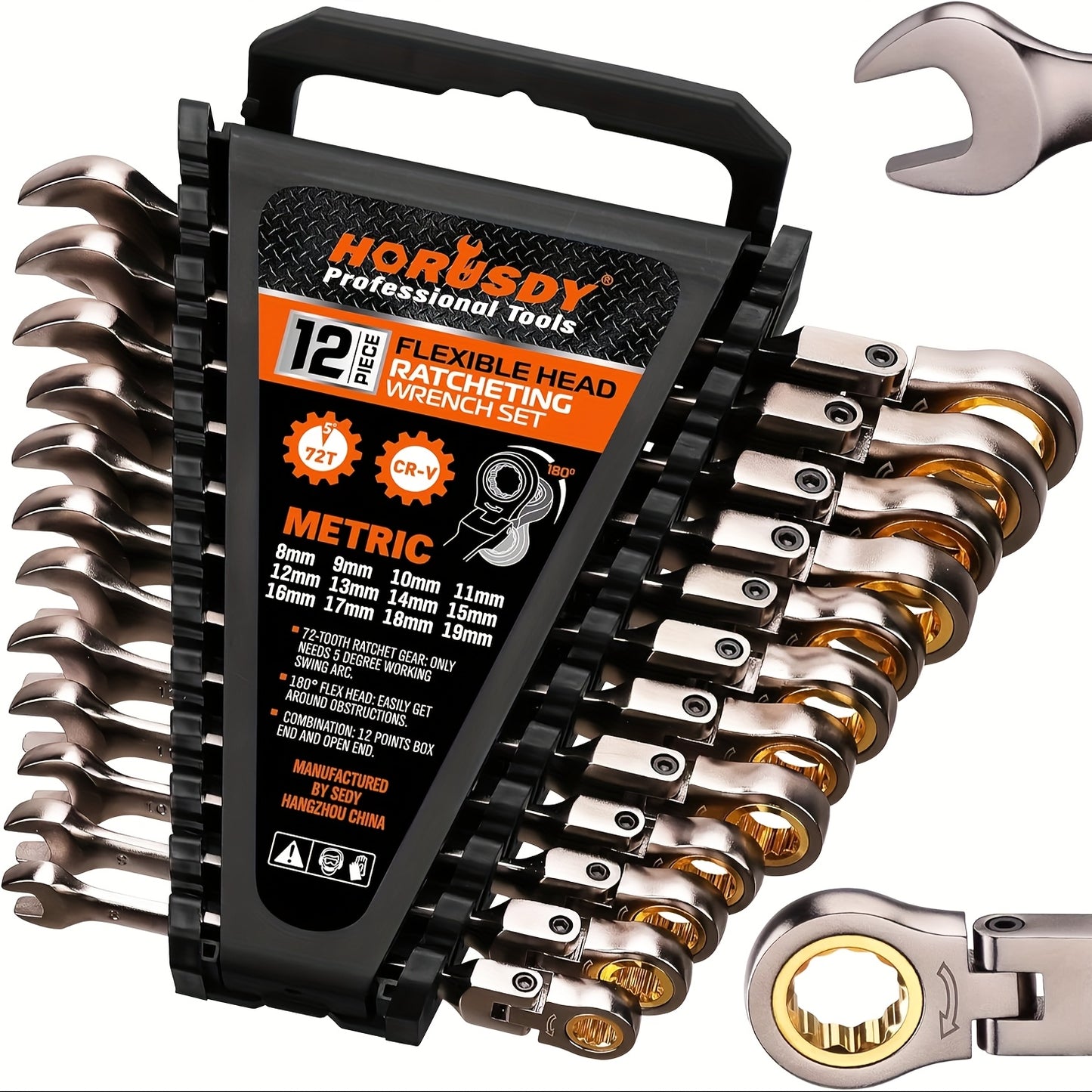 12pcs Metric/SAE Flex-Head Ratcheting Spanner Set, Retchet Wrench Spanners | 8-19mm/1/4" to 7/8" | 72-Teeth | Chrome Vanadium Steel