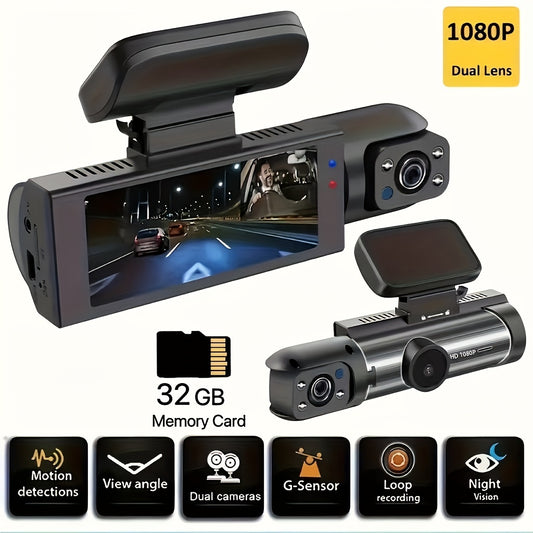 1080P Dual-Lens Car Dash Cam with IR Night Vision - Front & Interior View, Loop Recording, Wide Angle, 3.16" IPS Display, Cigarette Lighter Powered