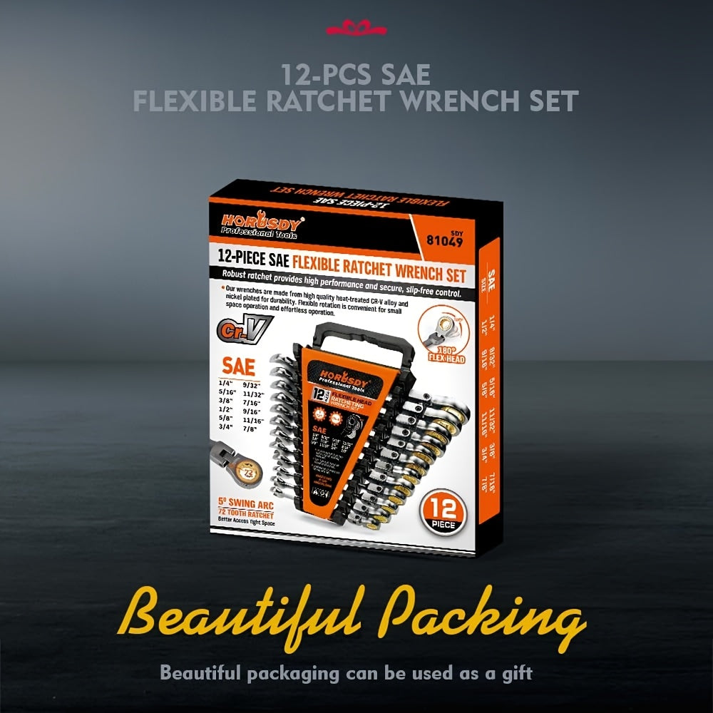12pcs Metric/SAE Flex-Head Ratcheting Spanner Set, Retchet Wrench Spanners | 8-19mm/1/4" to 7/8" | 72-Teeth | Chrome Vanadium Steel