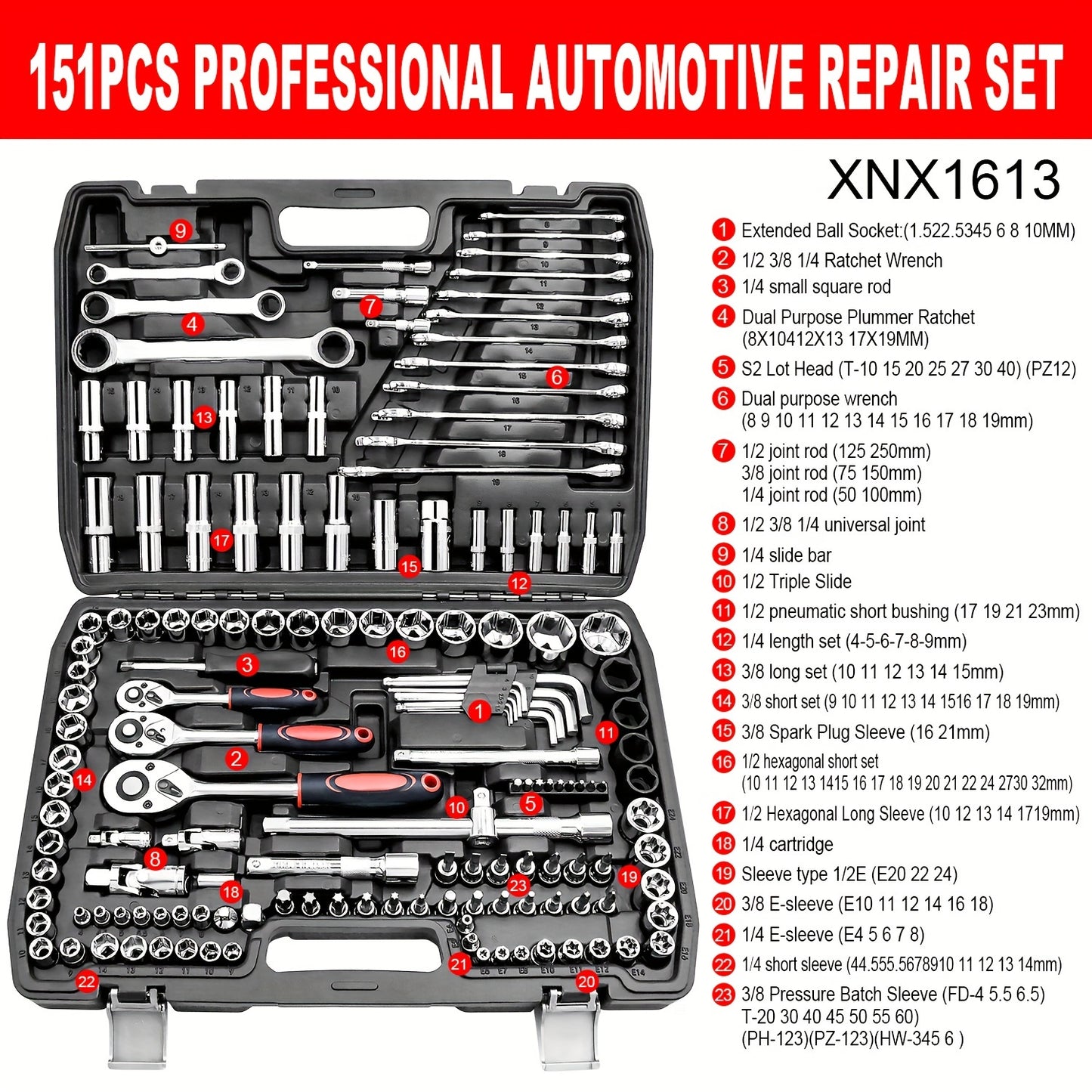 151pcs Drive Socket Set, 1/2 Inch, 1/4 Inch, 3/8 Inch Ratchet Wrench Set Ratchet Socket Wrench Set
