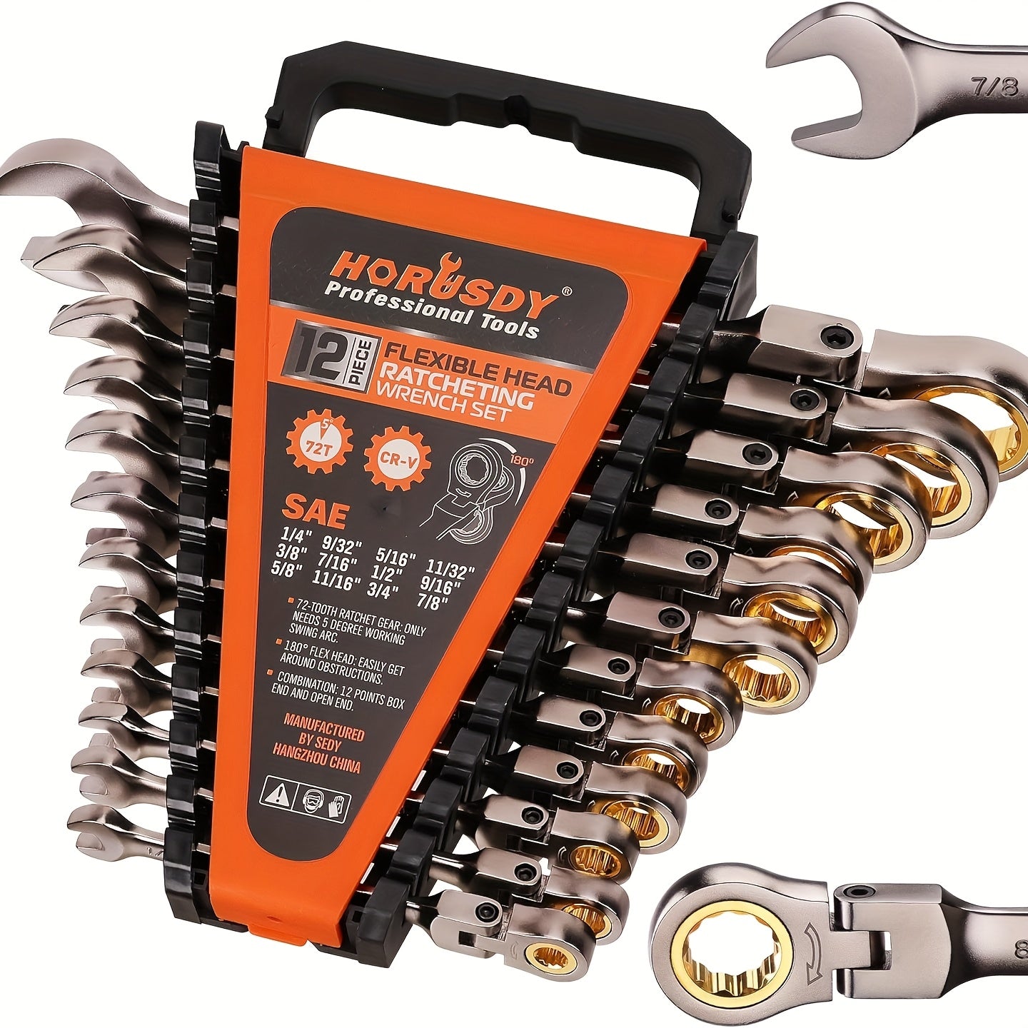12pcs Metric/SAE Flex-Head Ratcheting Spanner Set, Retchet Wrench Spanners | 8-19mm/1/4" to 7/8" | 72-Teeth | Chrome Vanadium Steel