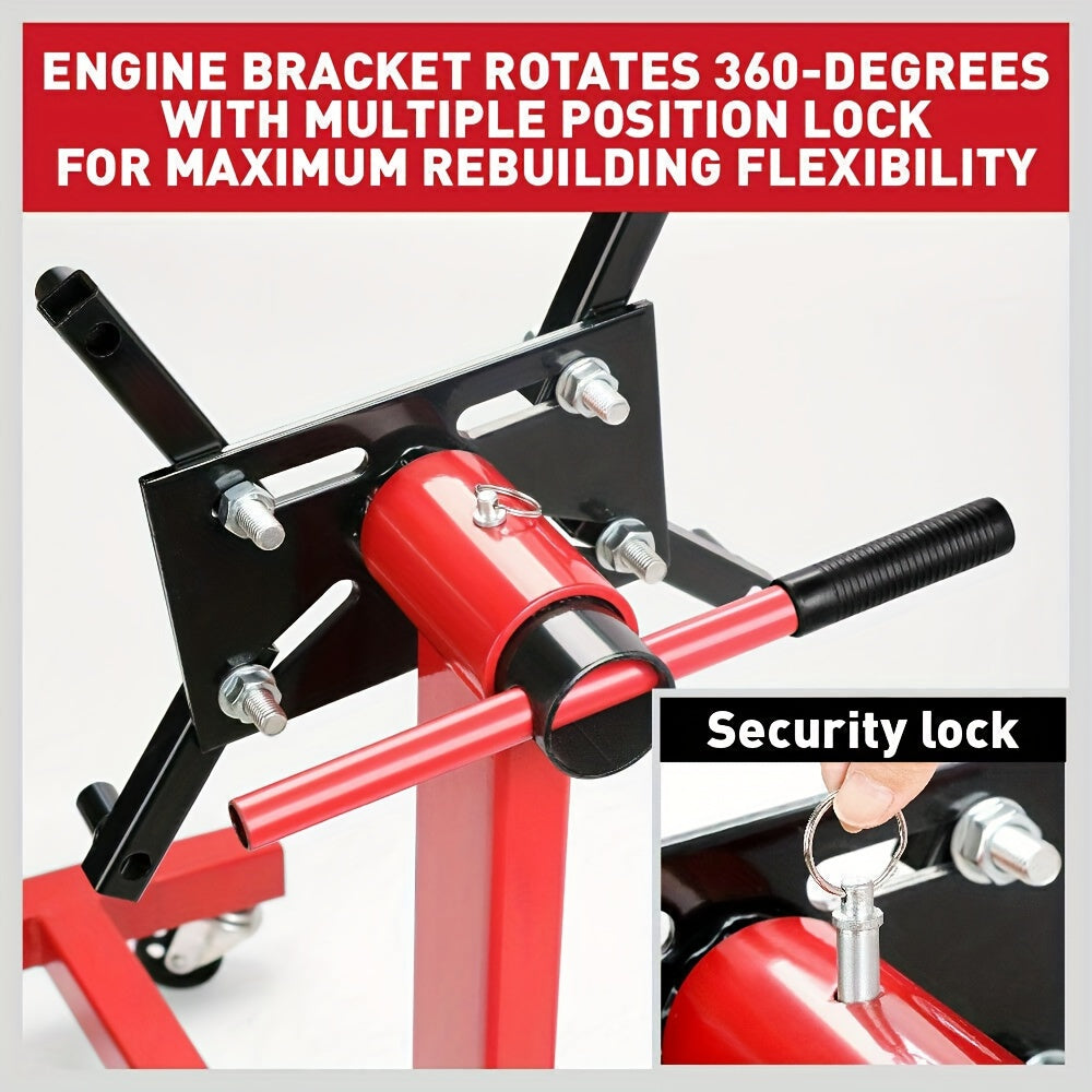 1000 lbs Heavy-Duty Engine Stand - Red Heavy-Gauge Steel, 360° Swivel Mount, Adjustable Height, Holds Up to 450kg