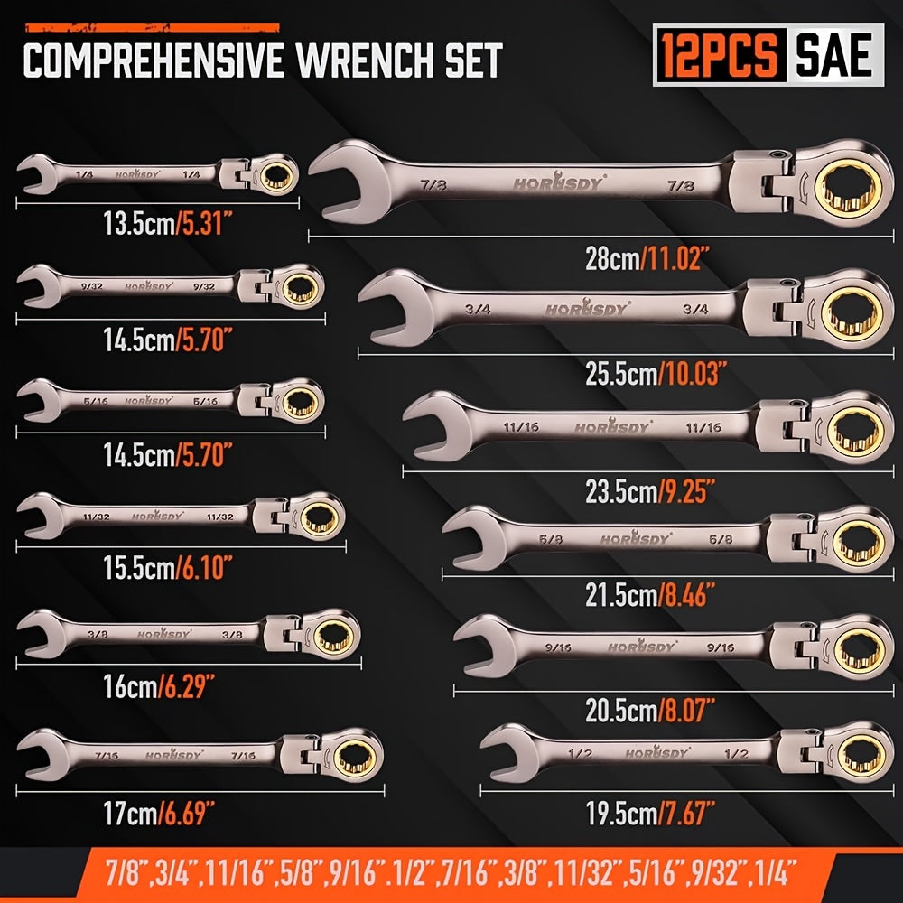 12pcs Metric/SAE Flex-Head Ratcheting Spanner Set, Retchet Wrench Spanners | 8-19mm/1/4" to 7/8" | 72-Teeth | Chrome Vanadium Steel