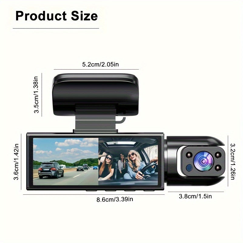 3.16 Inch IPS Screen 1080P Dual Camera Dash Cam For Cars With IR Night Vision, Loop Recording, And Wide Angle Lens