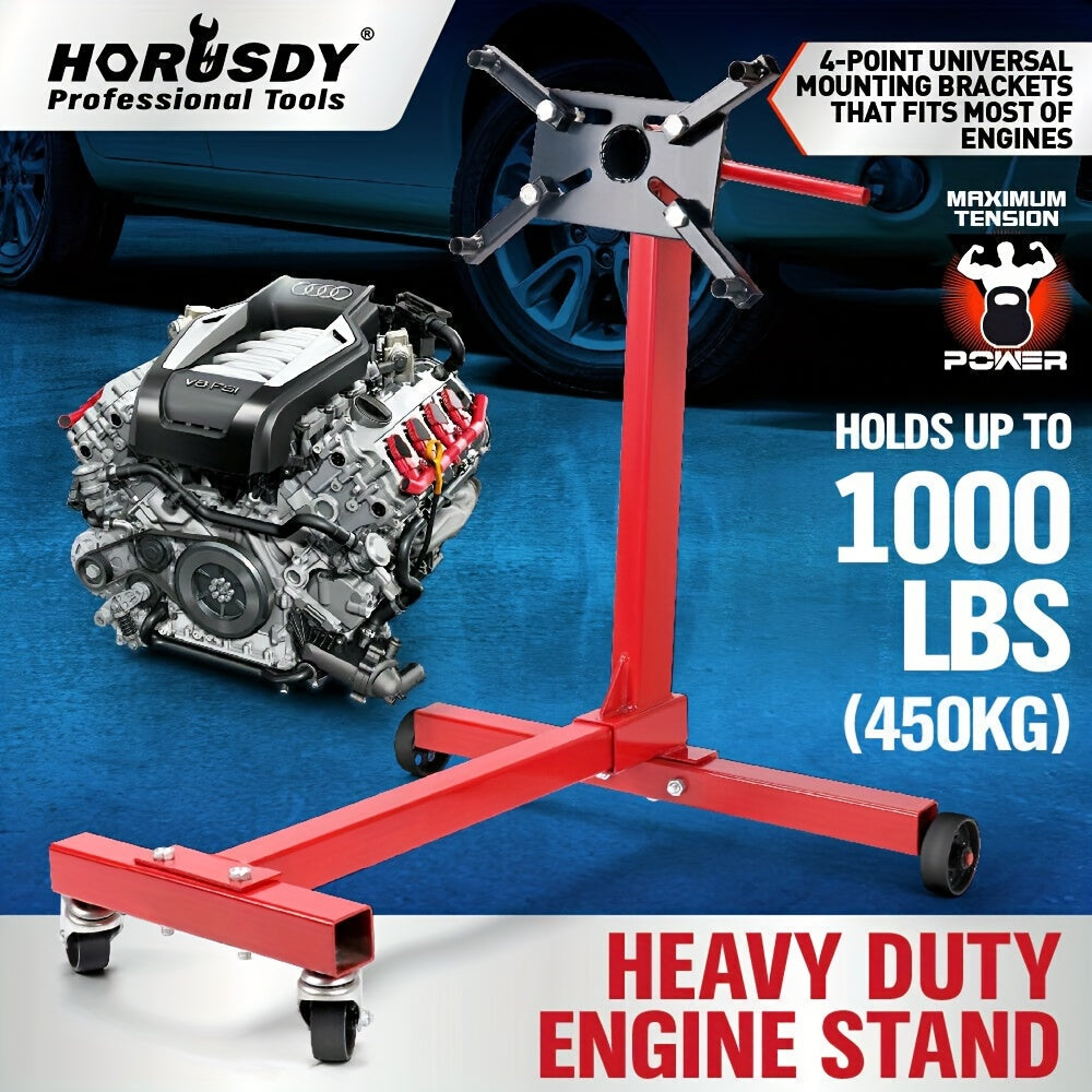 1000 lbs Heavy-Duty Engine Stand - Red Heavy-Gauge Steel, 360° Swivel Mount, Adjustable Height, Holds Up to 450kg